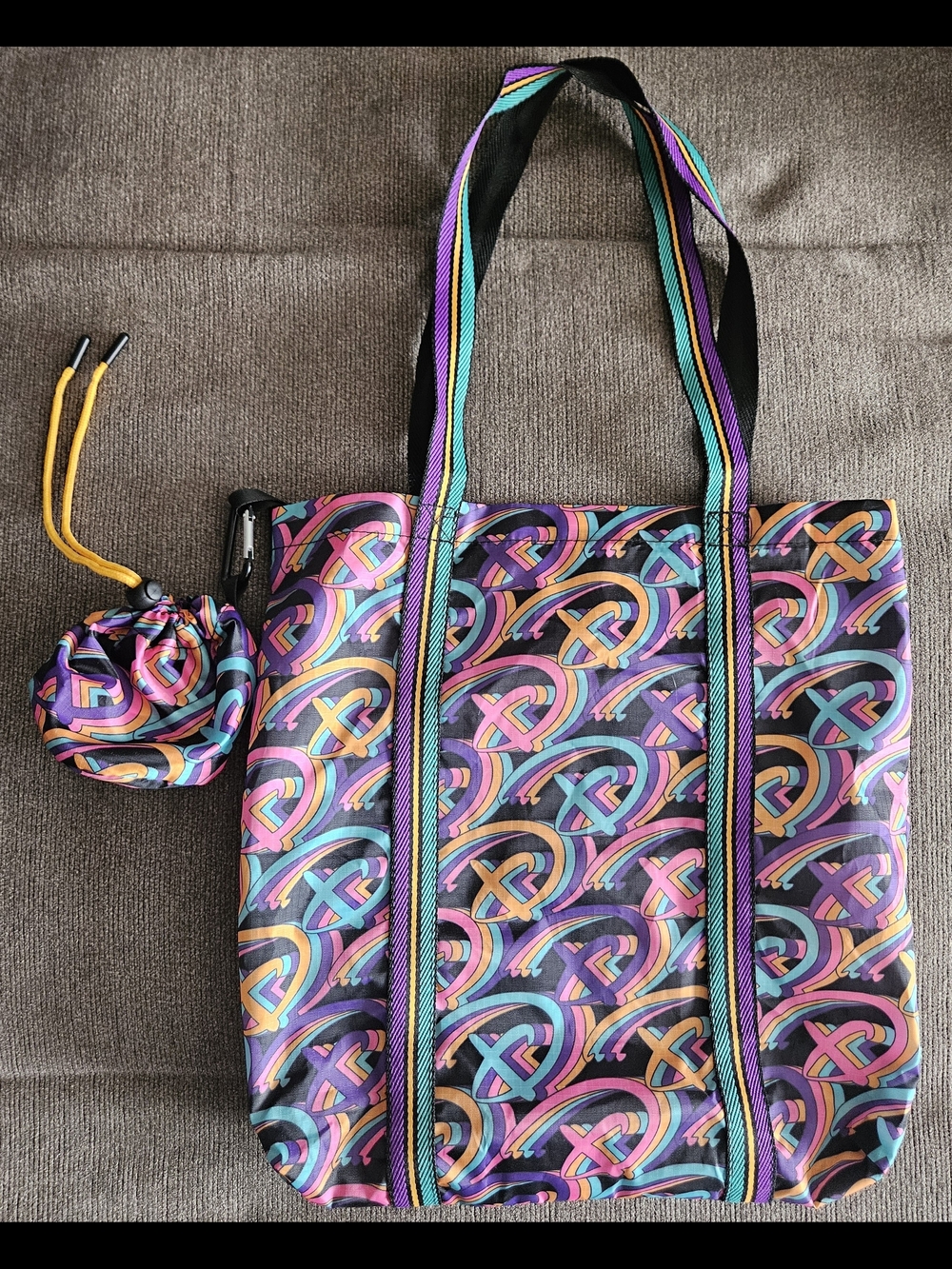 Disney Multicolor Rainbow Heart Pattern Tote Bag with Black Trim
